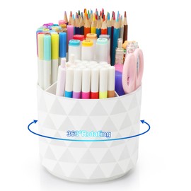 Nuozme Desk Organizer, 360-Degree Rotating Pencil Pen Holders For Desk, Diamond Pattern Pen Organizer With 5 Compartments, Cute Desk Accessories Decor For Office, School,Home,Art Supply (White)