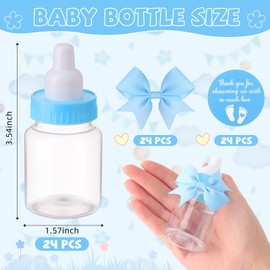 Teenyyou 24 Sets 3.5 Inch Blue Mini Baby Bottles for Baby Shower Party Favor Game Plastic Milk Bottles with Thank You Showering Stickers and Bows Baby Shower Thank You Gifts for Guests Candy Decor