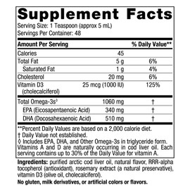 Nordic Naturals Arctic-D Cod Liver Oil, Lemon - 8 oz - 1060 mg Total Omega-3s + 1000 IU Vitamin D3 - EPA & DHA - Heart, Brain, Bone, Immune & Mood Support - Non-GMO - 48 Servings
