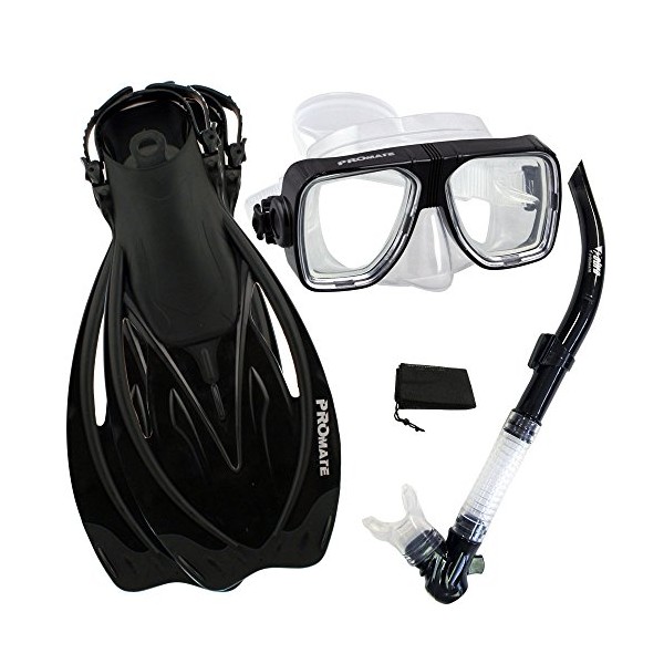 Promate Snorkeling Scuba Dive Snorkel Mask Fins Gear Set, Black, S/M