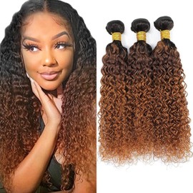 Aikebi Brazilian Human Hair Bundles 22 24 26 Inch Omber Chocolate Brown T1B/4/30 Jerry Curly Bundles Human Hair 100% Unprocessed 10A Quick Weave for Black Women Soft Sewn In with Double Weft