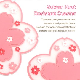 2-Pack Sakura Cherry Blossom Coasters – Cute Kawaii Pink & White Flower Cup Mats, Anti-Skid PVC Drink Coasters for Desk, Table, Tea Mug – Aesthetic Home & Office Decor