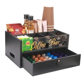Intarsio 2-Tier Coffee Bar Organizer with Clear Acrylic Top, Built-in Drawer and Leather Handle Pull for Countertop, Stylish Coffee Station Storage Box for Accessories, Pods, Great Gifts for Home