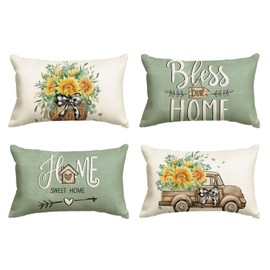AVOIN colorlife Bless Our Home Sunflower Eucalyptus Leaves Throw Pillow Covers, 12 x 20 Inch Seasonal Spring Summer Truck Home Sweet Home Cushion Case Decorations Set of 4