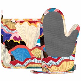 Mxocom Mushrooms Oven Mitts and Pot Holders Sets Beautiful Graphic Pattern of Colorful Silicone Heat Resistant Kitchen Oven Gloves Pot Holder for Cooking
