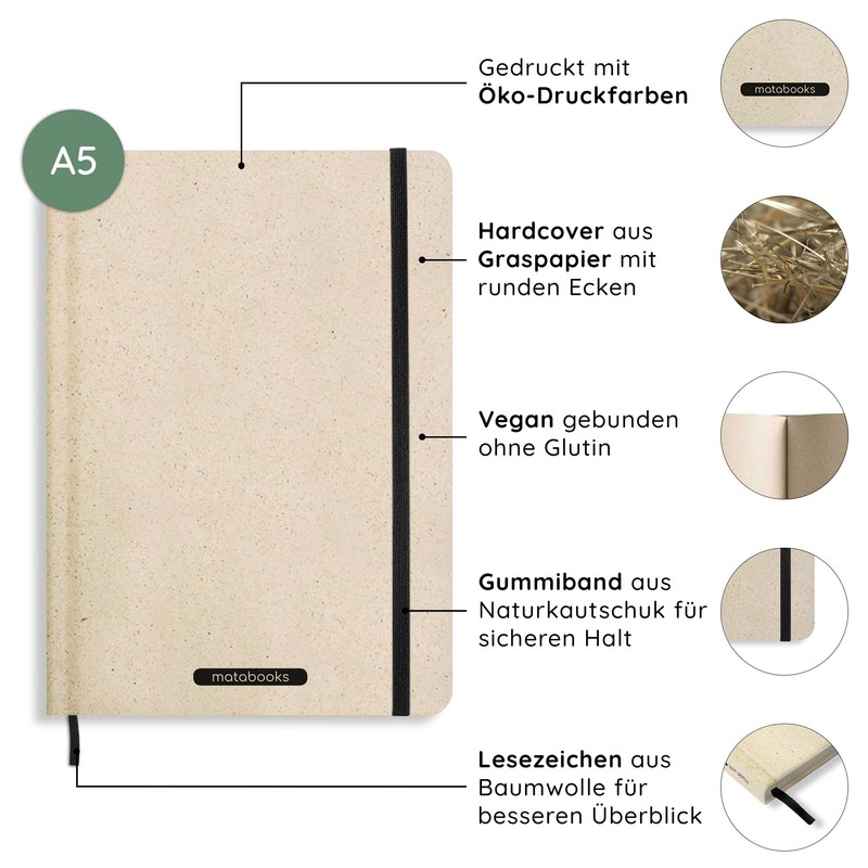 Matabooks, Sustainable and Vegan Notebooks A5 Made of Sweetgrass Paper,
