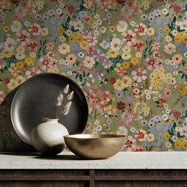 Floral Wallpaper Peel and Stick Boho Wall Paper Removable Waterproof Vintage Green Petal Pattern Contact Paper for Cabinet Removable Self Adhesive Wallpaper Vinyl Roll Shelf Deco 17.3" x 118.1"