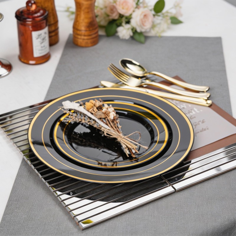 200PCS Black Plastic Plates, Disposable Plates with Gold Rim