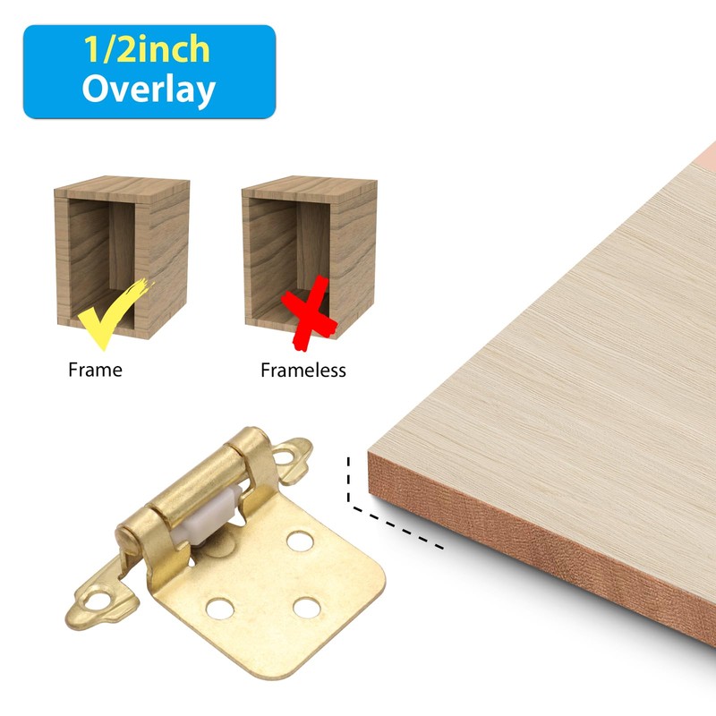 50 Pack(25 Pairs) Gold Cabinet Hinges - 1/2" Overlay, Self