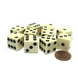 Set of 10 Six Sided Square Opaque 16mm D6 Dice - Ivory with Black Pip Die by Koplow Games