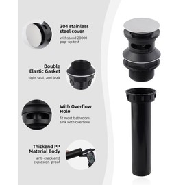 Universal Bathroom Sink Stopper Bathroom Sink Drain with Overflow, Rapid Draining Plastic Pop-up Sink Drain with Hair Catcher Anti-Clog Strainer, Chrome