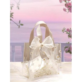 Daisy Pattern Clear Tote Bag, Cute Floral Pattern Gift Bag, Luxury Designer Handbags, Women's Wedding Birthday Gift Wrapping Bag, Trendy All-match Handbag for Daily Use - Color: Cream, Size: Please Refer To The Pictures for Dimensions