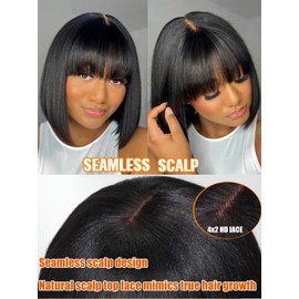 Julia Hair 12 Inch Light Yaki Straight Bob Wig with Bangs Human Hair Glueless 2x4 HD Lace Realistic Short Black Ready to Wear Blunt Cut Bob Wigs Natural for Black Women Beginner Friendly