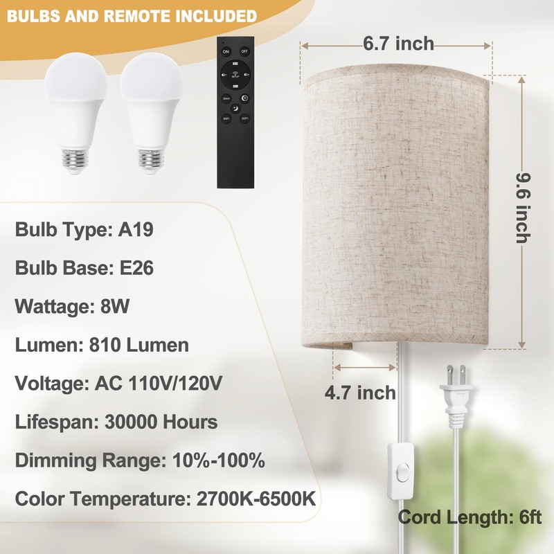GOODATE Plug in Wall Sconces, Stepless Colors 2700K-6500K & Stepless