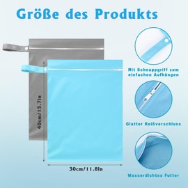 Moorle Pack of 2 Wet Bags 40 x 30 cm, Waterproof Laundry Bag, Grey & Blue, Reusable Travel Wet Bag with Zip, Small Wet Bag Swimming for Swimsuits, Beach Towels, Nappies
