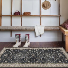 Black Entryway 2x5 Runner Rug, Small Throw Runners for Kitchen Bedroom Bathroom Laundry Room, Vintage Floral Decor & Non-Slip Low-Pile Washable Stain Resistant, Dark Ashen Charcoal