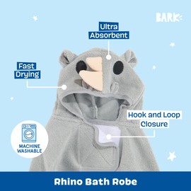 Barkbox Dog Bathrobe Fast Drying with Hook and Loop Closure & Wrap Tie Snuggle, Cute Dogs Clothes, Easy to Clean, Machine Washable, Dog Coats and Tumble Dry Low - Rhino, Large