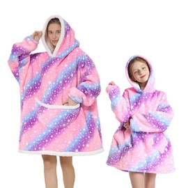 Geagodelia Oversized Hoodie Blanket Fluffy Fleece Blanket Hoodie for Women Kids Hooded Blanket with Big Front Pocket Family Matching (Colorful - Stars, 6-10 Years)