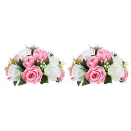 Pcs of 2 Fake Flower Ball Arrangement Bouquet,15 Heads Plastic Roses with Base, Suitable for Our Store's Wedding Centerpiece Flower Rack for Parties Valentine's Day Home Décor (Pink & White)