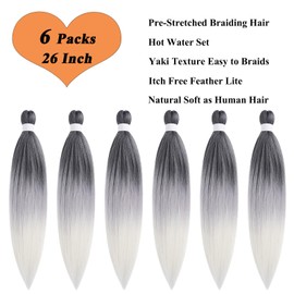 Ai Yuchen Grey White Ombre Kanekalon Braiding Hair Pre Stretched Braids Colored Hair Extensions for Braiding Hypoallergenic Knotless Pre-Stretched Braiding Hair 26 Inch