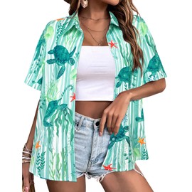 Zeagoo Ladies Hawaiian Shirt Sea Turtle Hawaiian Shirt Tropical Summer Tops Shirts with Hawaiian Flowers XXXL