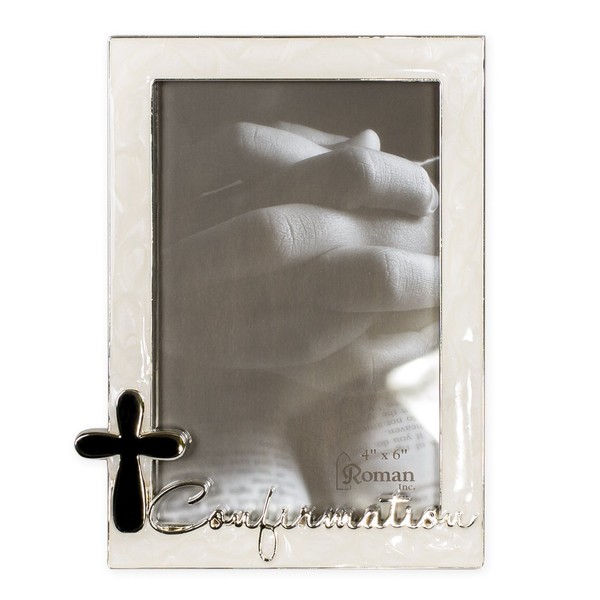 Roman Confirmation Silver Finish Cross 4 x 6 Photo Pearl Trim Picture Frame