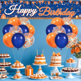 Blue and Orange Birthday Decorations Blue Orange Birthday Banner Yard Sign with 18 Pcs Balloons Banner Sign Photography Banner Decor for Boys Girls Men Women Birthday Anniversary Party Supplies Decor