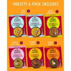Maya Kaimal Foods - Organic Indian Everyday Dal - 6 pack variety of 10oz Ready to Eat Meals - Fully Cooked - Vegan - Kosher - Microwavable - made from Lentils, Beans, Squash, Coconut, Peas