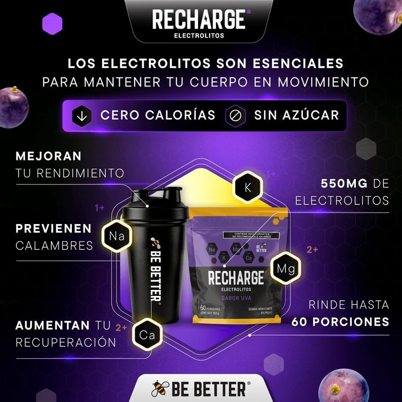 Be Better RECHARGE, Electrolitos En Polvo 60 Porciones, Sabor Uva,