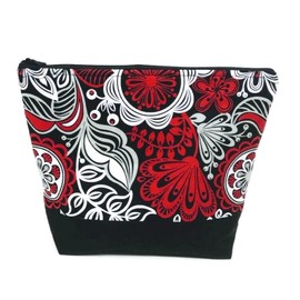 Red and Black Abstract Flower Cosmetic Make up bag or travel pouch with zippered top