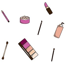 Beauty Make Up Kit Artwork Vinyl Wall Decal - Powder, Eyeliner and Lipstick for Women Art Design Wall Decoration - Creative Makeup Tools for Hairdresser Wall Decor - 28" x 22"