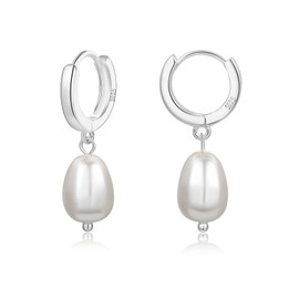 Pearl Drop Earrings 925 Sterling Silver Pearl Hoop Earring Handpicked Baroque Pearls Earrings 14k Gold Plated Freshwater White Pearl Dangle Vintage Huggie Earrings for Women
