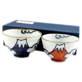 Arita Hasami Ware Shouho Kiln Set of 20850 Blue and Red Fuji Rice Bowls (Couple Rice Bowls)