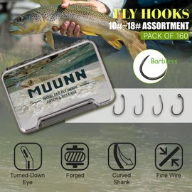 MUUNN 160pcs Fly Tying Hooks Barbless Assortment 10# ~16# Dry Wet Curved Nymph Caddies Flies Wide Gape Jig Nymph Hooks Fly Tying