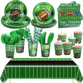 193PC Football Party Plates Supplies Kit Party Decorations Tableware Set Includes Disposable Plates, Napkins,Cups,Straw,Knife,Fork,Spoonand Touchdown Tablecloth for Birthday Holiday Party,Serves 24