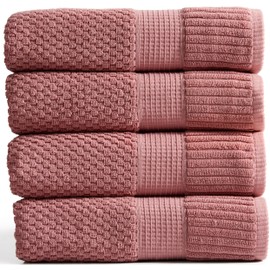 NY Loft 100% Cotton Bath Towel 4 Pack | Super Soft & Absorbent Quick-Dry Bath Towels 30" x 52" | Textured and Durable Cotton | Premium Thick Towels | Trinity Collection (4 Pack Bath Towel, Rose)