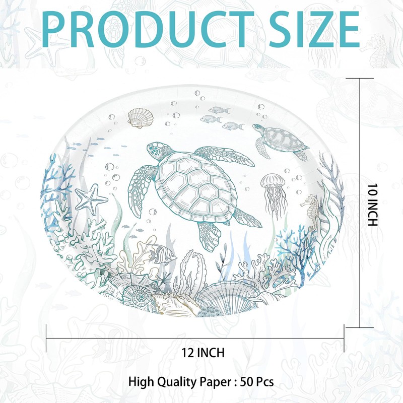 50Pcs Coastal Turtle Ocean Green Large Oval Paper Plate 12