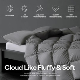 DOWNFORT Ultra-Soft Feather Down Fiber Comforter Queen Size, Luxurious Hotel Collection Fluffy Duvet Insert for All Season, High Fill Power, Fluffy and Cozy with Corner Tabs, Grey 90”X 90”