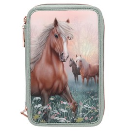 Depesche 13403 Miss Melody Romantic Fields - Filled 3-Compartment Pencil Case in Green, with Horse Motif, Flowers and Glitter, Pencil Case with Colouring Pencils, Ruler, Scissors etc.