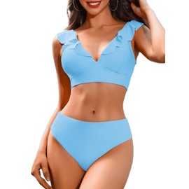 Kaei&Shi Ruffle Two Piece Swimsuit for Women,Cheeky Bikini Sets,Full Coverage Bathing Suit Light Blue Large