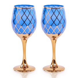 CretFine Blue and Gold Gold Wine Glasses Set of 2, Colored Long Stemmed and Rimmed Decorative Fancy Crystal Glassware, Cobalt Goblets for Gifts, Wedding, Festival, Birthday, Thanksgiving, 12oz