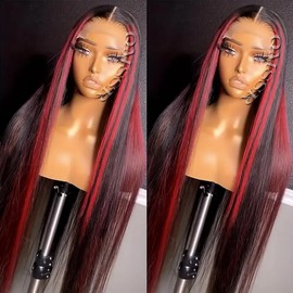 QMSSR Red Highlight 13X4 Lace Front Wig Synthetic Hair Pre Plucked 24 inch Long Silky Straight Black with Red Skunk Stripe Ombre Colorfull Wig for Women