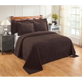 2 Piece Elegant 100% Cotton Tufted Chenille Bedspread Twin Size Heirloom Quality in Stripe Design | All Seasons Chocolate Brown Color Western Bedding Aesthetic Look Soft Plush Cozy Feel