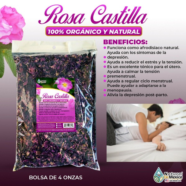 Natural de Mexico USA Rosa de Castilla Afrodisiaca 4 oz. 113 gr. Rose Petals, Rose Buds