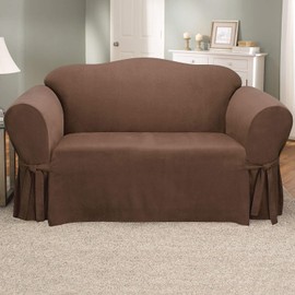 SureFit Home Decor Soft Suede Box Cushion Loveseat One Piece Slipcover, Relaxed Fit, Polyester, Machine Washable, Chocolate Color