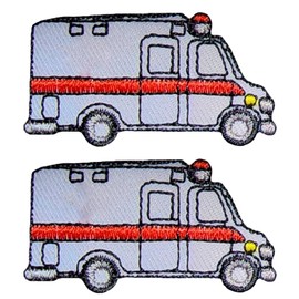 Ranger Return Set 2 of Small Cute Mini Ambulance Hospital Car Emergency Paramedic Rescue EMT Vehicles Cartoon Kids Tiny Decal Decorative Repair Sew Iron on Embroidered Patches - White (AMBU-WH2-MINI2)