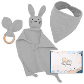 Newborn Muslin Baby Gift Cuddle Blanket for Boys and Girls Baby Gifts for Birth Newborn Set for Baby Shower Bib Teether and Comforter Gift Set Grey