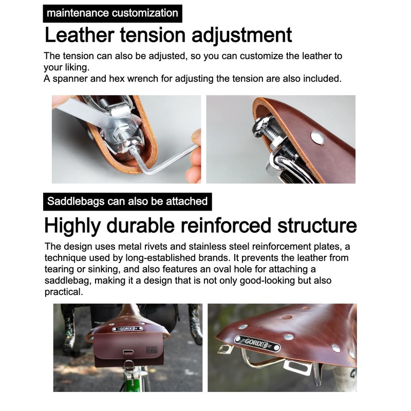 GORIX Bike Leather Saddle Seat Cowhide Studded Brown Vintage Shock