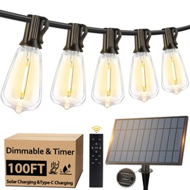 100FT Outdoor Solar String Lights with Remote, USB Rechargeable LED Patio Lights with 52 Timer Dimmable ST38 Edison Bulbs, Enhanced 5W Solar Panel Outside Hanging Lights for Porch Garden Deck Backyard