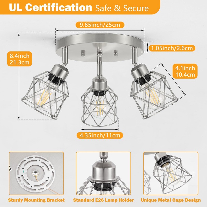 Baocuz 3-Light Brushed Nickel Semi Flush Mount Ceiling Light, Adjustable